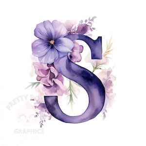 Letra del alfabeto floral púrpura S Clipart, archivo de descarga instantánea PNG, diseño digital para la elaboración