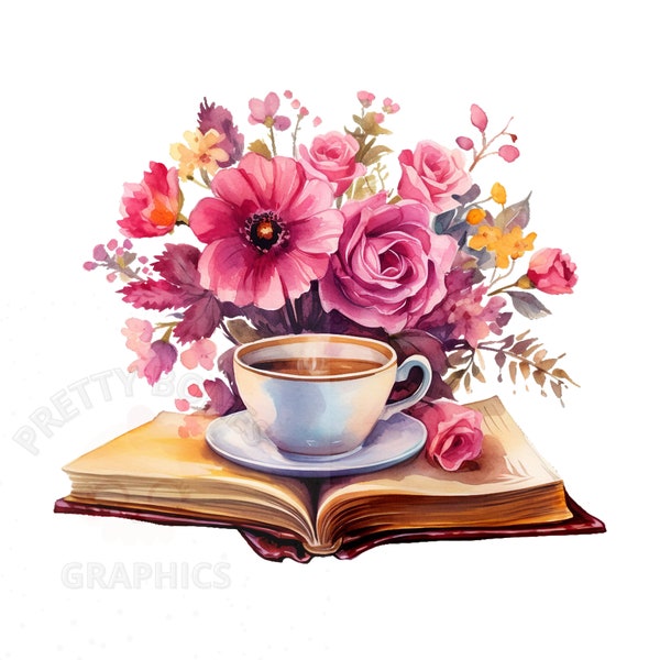 Floral Book With Coffee Clipart, PNG Instant Download File, Watercolor Book And Coffee, Digital Design For Crafting