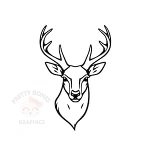 May include: A black and white line drawing of a deer's head with large antlers. The deer is facing forward, with its head and antlers centered in the image. The words "PRETTY BONES GRAPHICS" are in the lower left corner.
