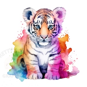 Watercolor Baby Tiger Clipart, Rainbow Colors, PNG Instant Download File, Digital Design For Crafting