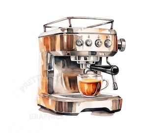Aquarell Kaffee Maschine Clipart, PNG sofortiger Download Datei, Kaffee Maschine digitales Design für Crafting