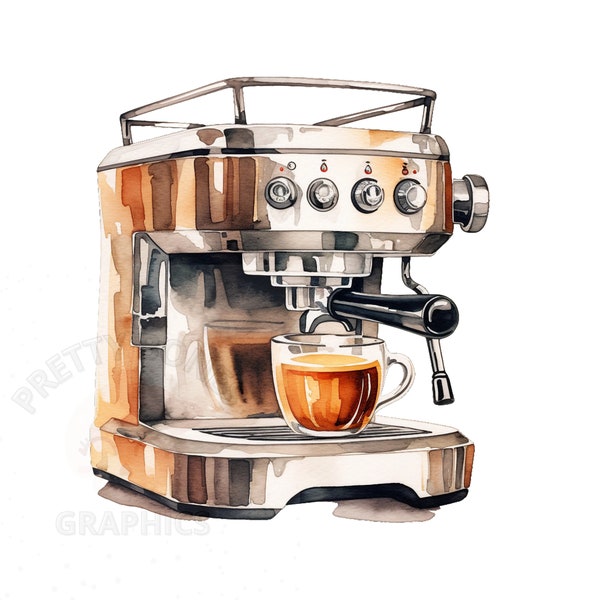 Watercolor Coffee Machine Clipart, PNG Instant Download File, Coffee Machine Digital Design For Crafting