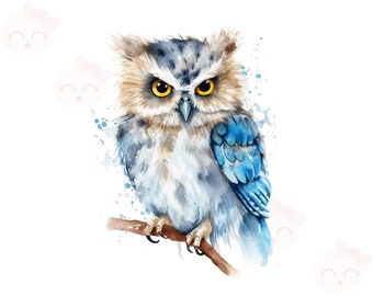 Watercolor Owl Clipart, PNG Instant Download, Owl Digital Design, Printable Art, Card Making Clipart