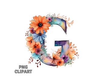 Floral Alphabet Clipart, Letter G #1, Instant Download PNG, Digital File For Crafting, Watercolor Clipart, Digital Paper Craft, Scrapbooking