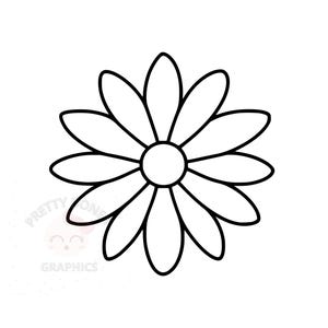 May include: A black and white daisy flower outline. The flower has a circular center with multiple petals surrounding it. The image also includes the text "PRETTY ONE GRAPHICS".