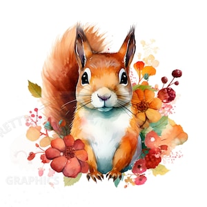 Aquarel eekhoorn en bloemen clipart, PNG Instant Download-bestand, eekhoorn digitaal ontwerp, afdrukbare kunst