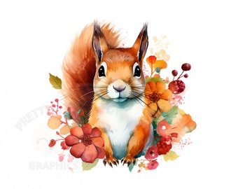 Aquarell Eichhörnchen und Blumen Clipart, PNG sofortiger Download Datei, Eichhörnchen digitales Design, printable Art
