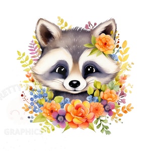 Raccoon With Flowers Clipart, PNG Instant Download File, Floral Raccoon Portrait Digital Design