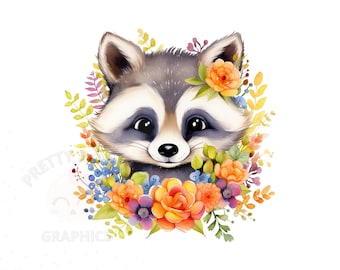 Mapache con imágenes prediseñadas de flores, archivo de descarga instantánea PNG, diseño digital de retrato de mapache floral
