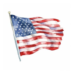 May include: A watercolor painting of an American flag waving in the wind. The flag is red, white, and blue with 13 stripes and 50 stars.