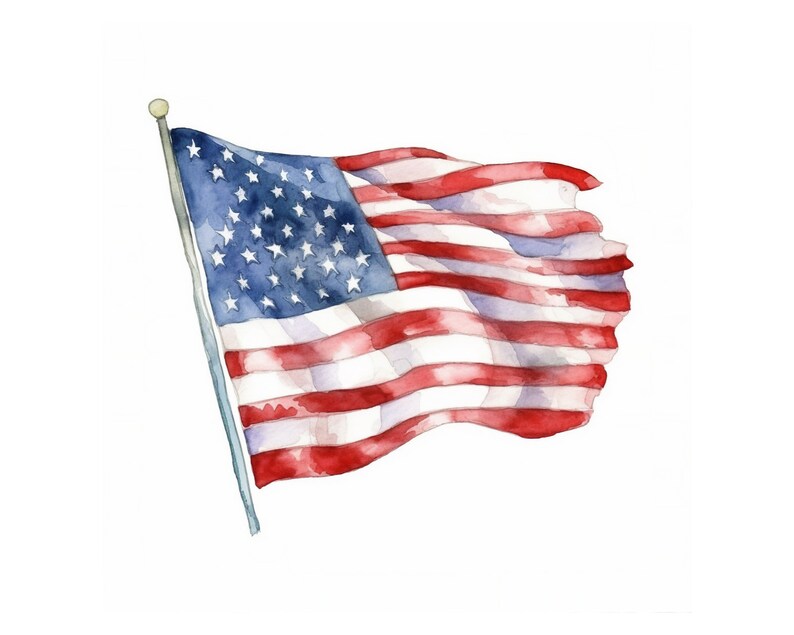 May include: A watercolor painting of an American flag waving in the wind. The flag is red, white, and blue with 13 stripes and 50 stars.
