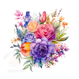May include: A watercolour painting of a bouquet of flowers in shades of pink, purple, blue, orange, and yellow. The bouquet includes roses, anemones, and other flowers.
