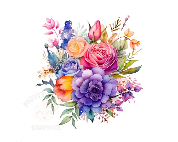 Watercolor Flower Bouquet, PNG Instant Download File, Digital Paper Craft, Printable Art