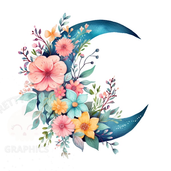 Floral Crescent Moon Clipart, PNG Instant Download File, Moon Digital Design For Crafting