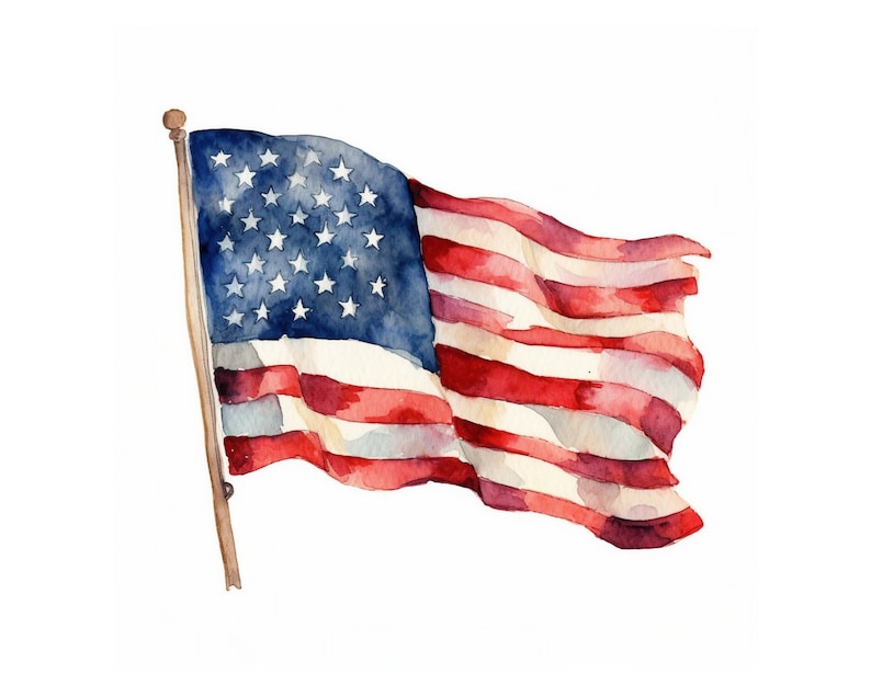 May include: A watercolor painting of an American flag waving in the wind. The flag is red, white, and blue with 13 stripes and 50 stars.