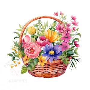 Watercolor Flower Basket Clipart, PNG Instant Download File, Digital Design For Crafting, Printable Art