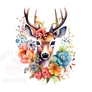 Watercolor Deer And Flowers Clipart, PNG Instant Download File, Deer Digital Design, Card Making, Printable Art