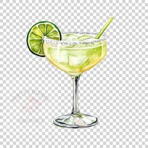 May include: A green margarita cocktail in a glass with a salted rim, garnished with a lime wedge and a straw.