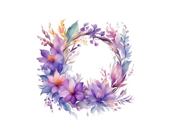 Watercolor Purple Floral Wreath Clipart, PNG Instant Download File, Digital Design For Crafting, Printable Art, Card Making Clipart