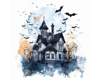 Halloween Haunted House Clipart, JPG Digital Download, Watercolor Clipart, Card Making, Scrapbook Clipart, Halloween Digital Paper Craft