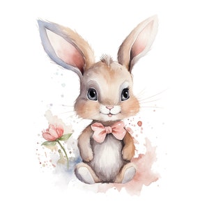 Lindo conejito PNG, descarga digital, imágenes prediseñadas de acuarela, fabricación de tarjetas, arte de papel digital, decoración de la guardería, arte imprimible