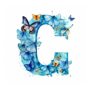 Imágenes prediseñadas de la letra C del alfabeto de acuarela, descarga instantánea JPG, letra del alfabeto con mariposas, artesanía de papel digital, imágenes prediseñadas para hacer tarjetas