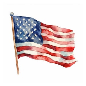 May include: A watercolor painting of an American flag waving in the wind. The flag is red, white, and blue with 13 stripes and 50 stars.