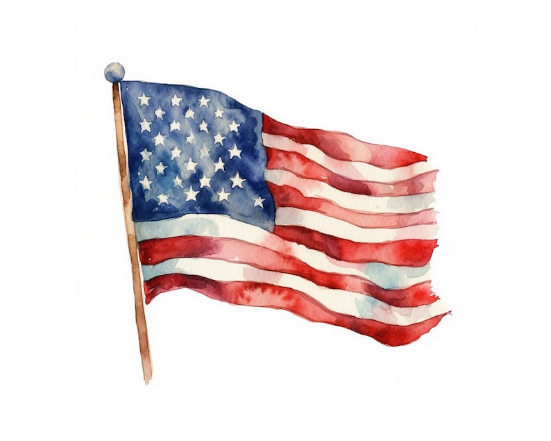 May include: A watercolor painting of an American flag waving in the wind. The flag is red, white, and blue with 13 stripes and 50 stars.