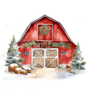 Aquarell Weihnachten Scheune Clipart, PNG sofortiger Download Datei, digitales Papier Handwerk, druckbare Kunst