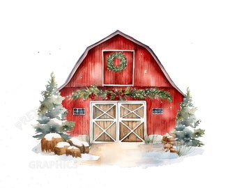 Watercolor Christmas Barn Clipart, PNG Instant Download File, Digital Paper Craft, Printable Art