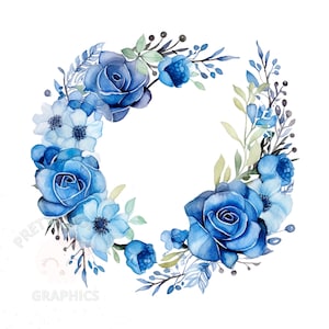 Blue Roses Round Frame Clipart, PNG Instant Download File, Digital Design For Crafting, Printable Art