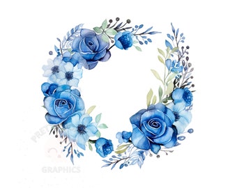 Blue Roses Round Frame Clipart, PNG Instant Download File, Digital Design For Crafting, Printable Art