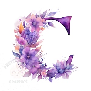 Clipart floreale viola lettera C, file di download istantaneo PNG, clipart alfabeto, design digitale per la lavorazione