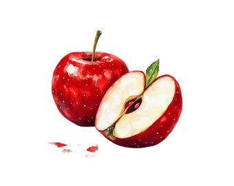 May include: A watercolor painting of a red apple cut in half. The apple is on a white background with a few red paint splatters.