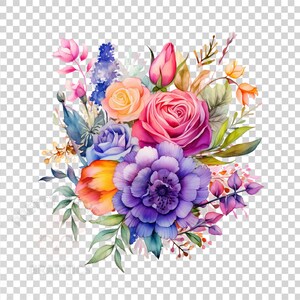 May include: A watercolour painting of a bouquet of flowers. The bouquet includes pink, purple, orange, and yellow flowers. The flowers are arranged in a loose, natural style.