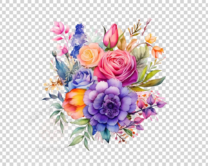May include: A watercolour painting of a bouquet of flowers. The bouquet includes pink, purple, orange, and yellow flowers. The flowers are arranged in a loose, natural style.