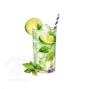 May include: A watercolour painting of a refreshing mojito cocktail. The drink is in a tall glass with ice, lime wedges, and mint leaves. A striped straw sticks out of the top.