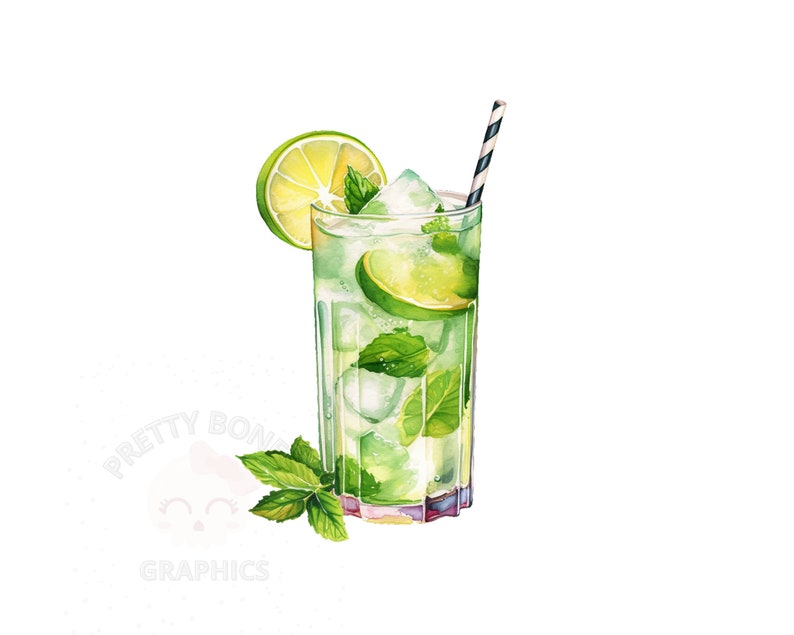 May include: A watercolour painting of a refreshing mojito cocktail. The drink is in a tall glass with ice, lime wedges, and mint leaves. A striped straw sticks out of the top.