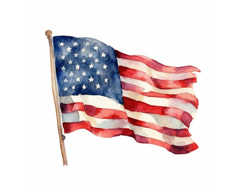 May include: A watercolor painting of an American flag waving in the wind. The flag is red, white, and blue with 13 stripes and 50 stars.