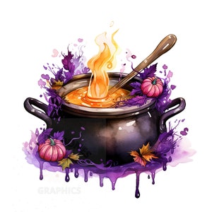 May include: A black cauldron with a purple and orange watercolor background. The cauldron is filled with a golden liquid and has a wooden spoon inside. There are two small pumpkins on the side of the cauldron.