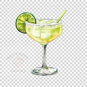 May include: A green margarita cocktail in a glass with a salted rim, garnished with a lime wedge and a straw.