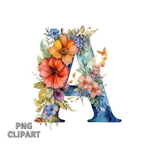 Imágenes prediseñadas del alfabeto floral, letra A #1, descarga instantánea PNG, archivo digital para la elaboración, imágenes prediseñadas de acuarela, artesanía de papel digital, scrapbooking