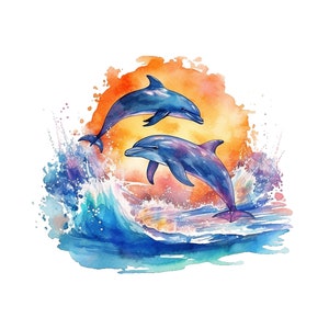Aquarelle dauphins Clipart, Téléchargement instantané PNG, Artisanat en papier numérique, Carterie Clipart, Art imprimable