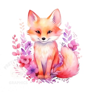 Floral Pink Fox Clipart, PNG Fichier de téléchargement instantané, Artisanat en papier numérique, Art à usage commercial