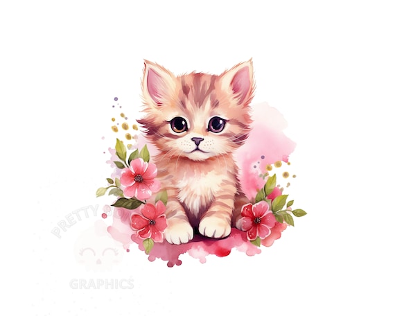 油絵　マミ　幸せを呼ぶピンク色の猫 ピンクの花柄子猫のクリップアート、PNG インスタントダウンロード