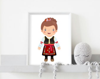 Serbian Girl in Folk Costume | Children's Room Wall Art | Digital Wall Art Decor