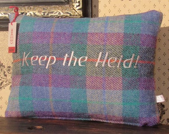 Harris Tweed Cushion in a Beautiful Purple and Blue Check, Embroidered with 'Keep the Heid' - Scottish for 'Keep Calm!'