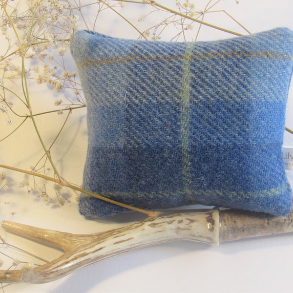 Harris Tweed Lavender Mini Cushion in a Bright Bonnie Blue Check