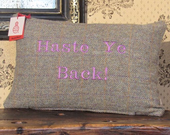 Harris Tweed Cushion with a Light Brown and Blue Check over Grey Embroidered with 'Haste Ye Back!' Scots for 'Return soon!'