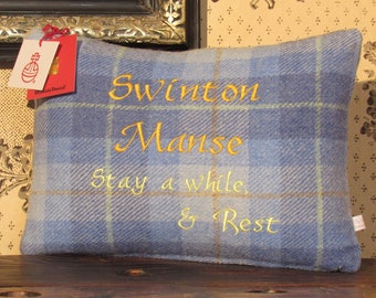 Harris Tweed Cushion in a Bright Blue Check with an Example of Personalised Embroidery